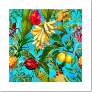 Vibrant tropical floral leaves and fruits floral illustration, botanical pattern, Aqua blue fruit pattern over a Posters and Art